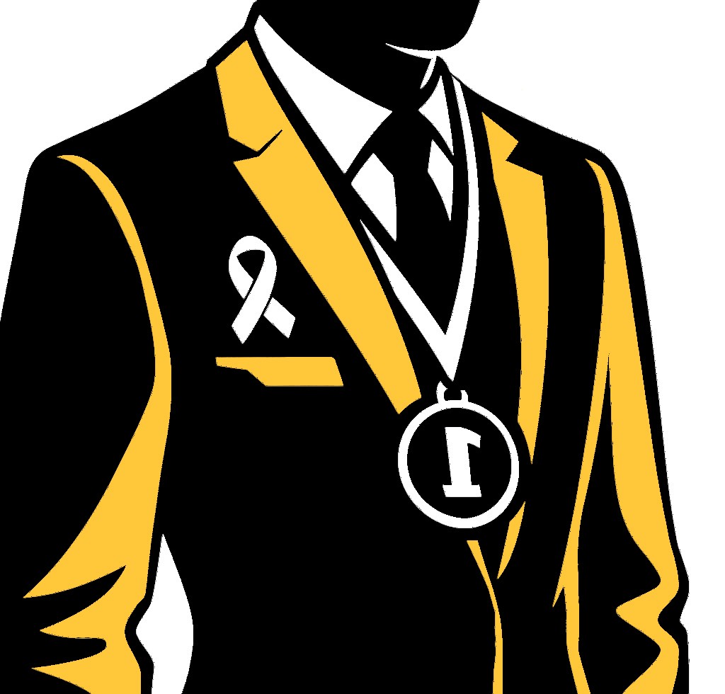 Professional competitor in formal attire with first place medal